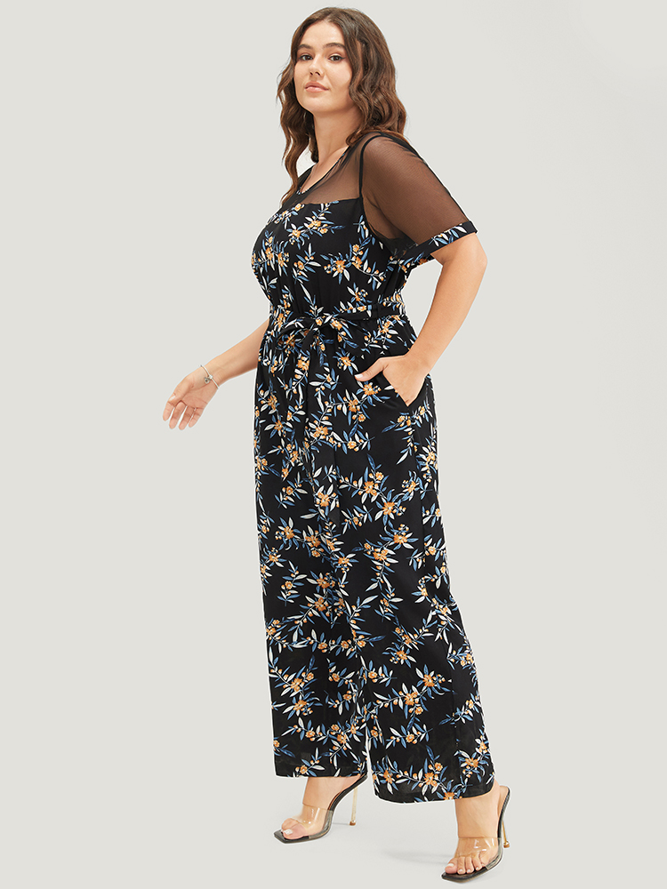 Plus Size Women Dailywear Floral Patchwork Regular Pocket Belt Elegant Jumpsuits BloomChic 