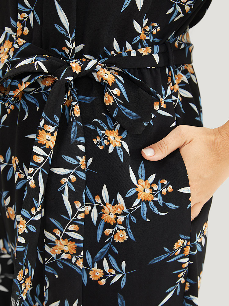 Plus Size Women Dailywear Floral Patchwork Regular Pocket Belt Elegant Jumpsuits BloomChic 