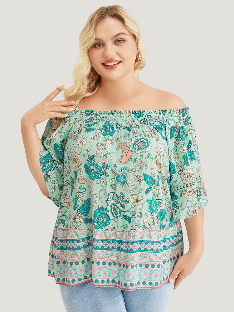 

Plus Size Aquamarine Floral Shirred Off Shoulder Flounce Sleeve Blouse Women Vacation Elbow-length sleeve One-shoulder neck Dailywear Blouses BloomChic