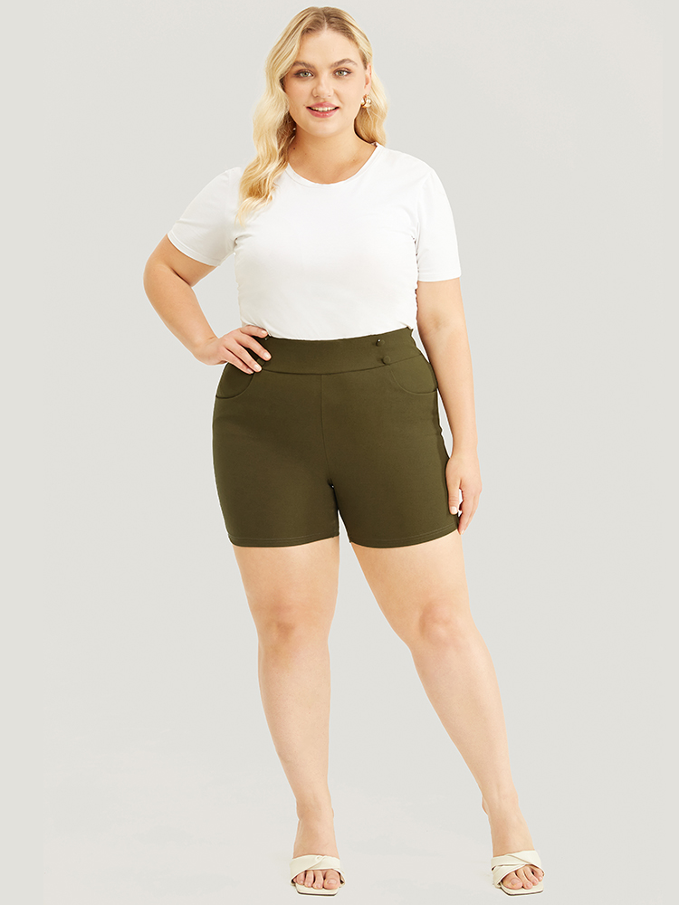 

Plus Size Solid Elastic Waist Button Detail Pocket Shorts Women ArmyGreen Elegant High stretch Bodycon Mid Rise Dailywear Leggings BloomChic