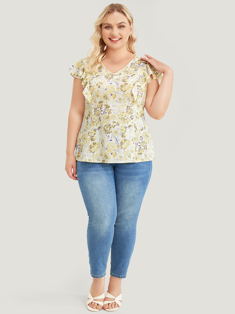 Plus Size White Floral Print V Neck Ruffle Trim Cap Sleeve Blouse Women Elegant Cap Sleeve V-neck Dailywear Blouses BloomChic 18-20/2X 