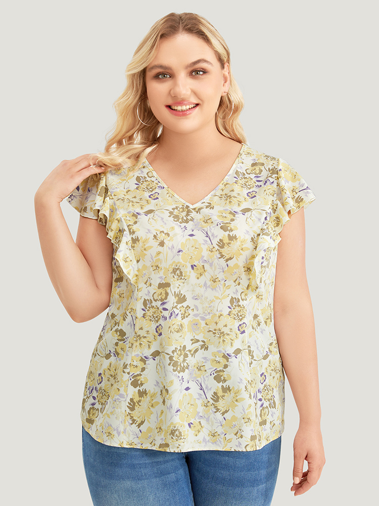 Plus Size White Floral Print V Neck Ruffle Trim Cap Sleeve Blouse Women Elegant Cap Sleeve V-neck Dailywear Blouses BloomChic 18-20/2X 