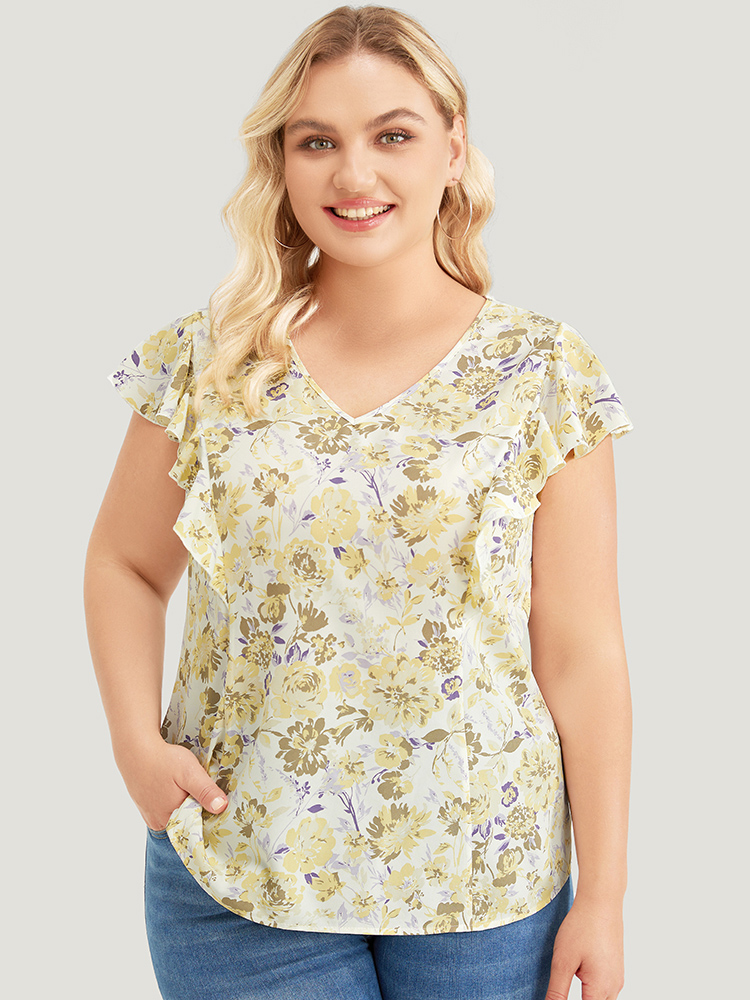 Plus Size White Floral Print V Neck Ruffle Trim Cap Sleeve Blouse Women Elegant Cap Sleeve V-neck Dailywear Blouses BloomChic 18-20/2X 