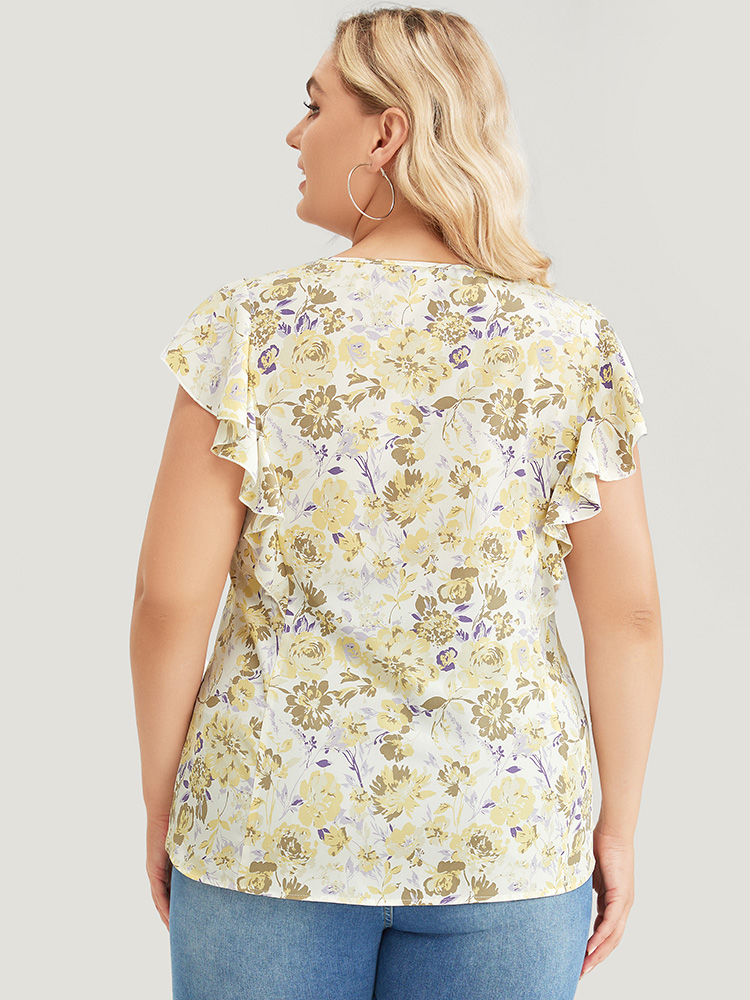 Plus Size White Floral Print V Neck Ruffle Trim Cap Sleeve Blouse Women Elegant Cap Sleeve V-neck Dailywear Blouses BloomChic 18-20/2X 