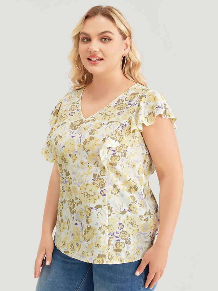 Plus Size White Floral Print V Neck Ruffle Trim Cap Sleeve Blouse Women Elegant Cap Sleeve V-neck Dailywear Blouses BloomChic 18-20/2X 