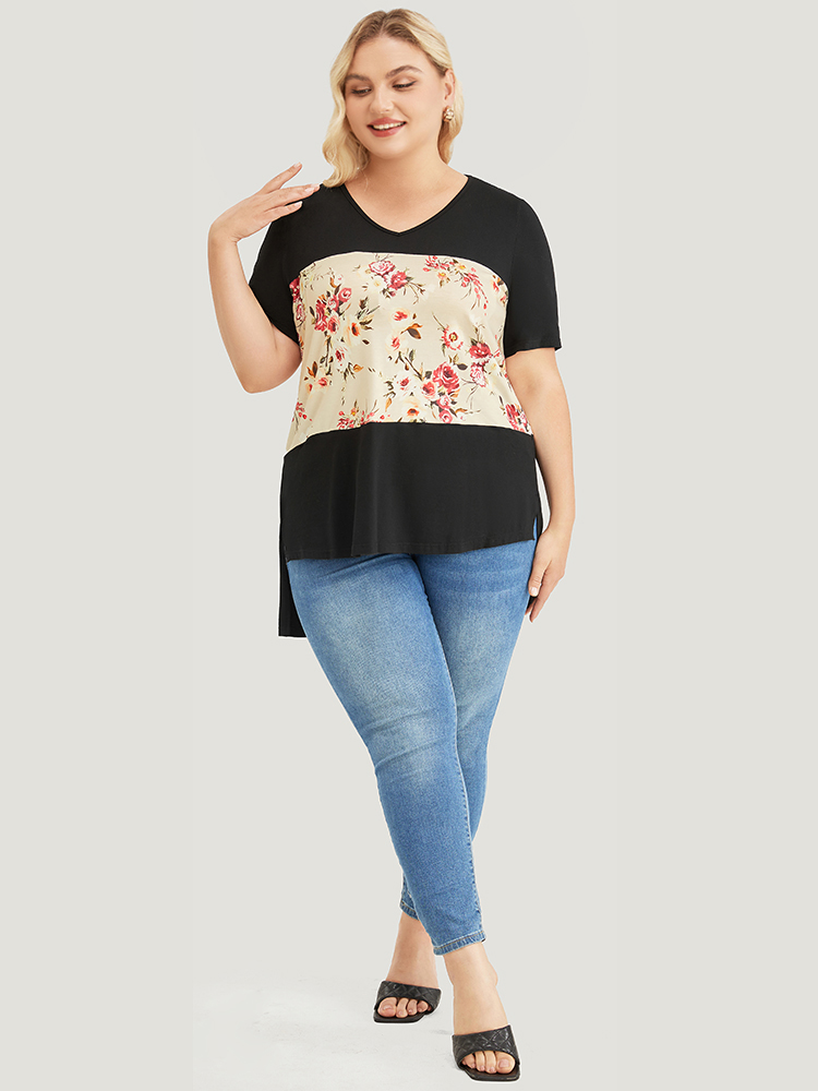 

Plus Size Floral Print Colorblock Contrast Split High Low Hem T-shirt Black Women Elegant Floral V-neck Dailywear T-shirts BloomChic