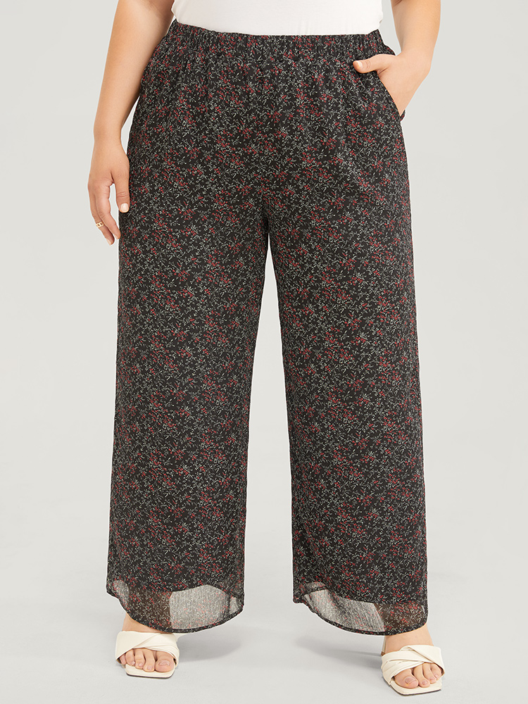 Plus Size Women Dailywear Ditsy Floral Mid Rise Pocket Elegant Pants BloomChic 