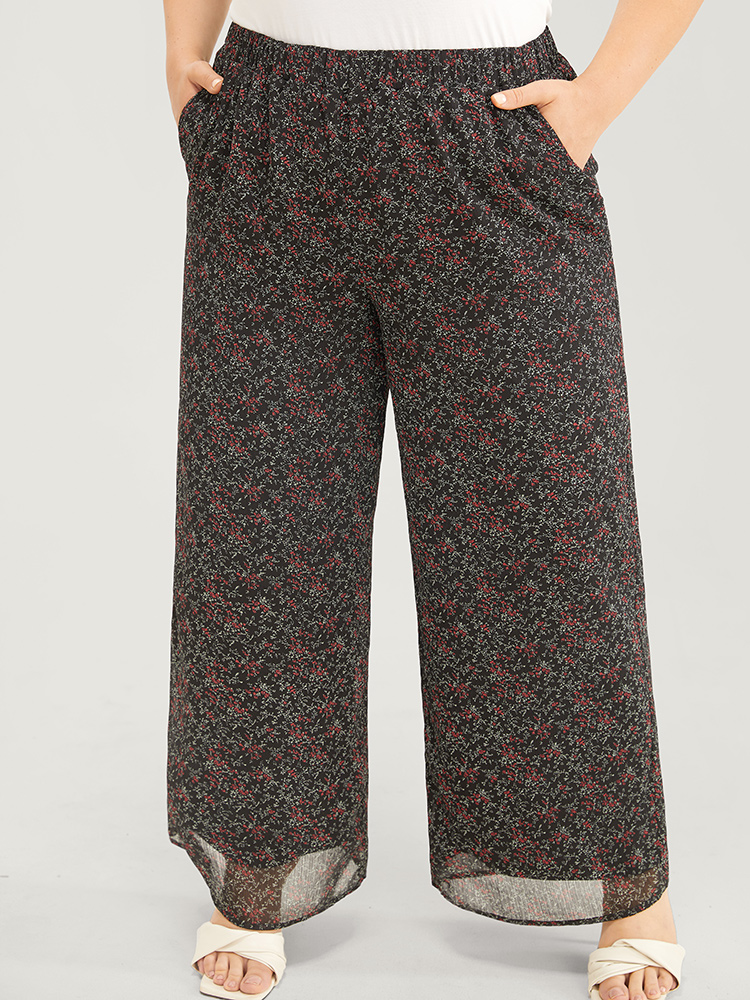 Plus Size Women Dailywear Ditsy Floral Mid Rise Pocket Elegant Pants BloomChic 