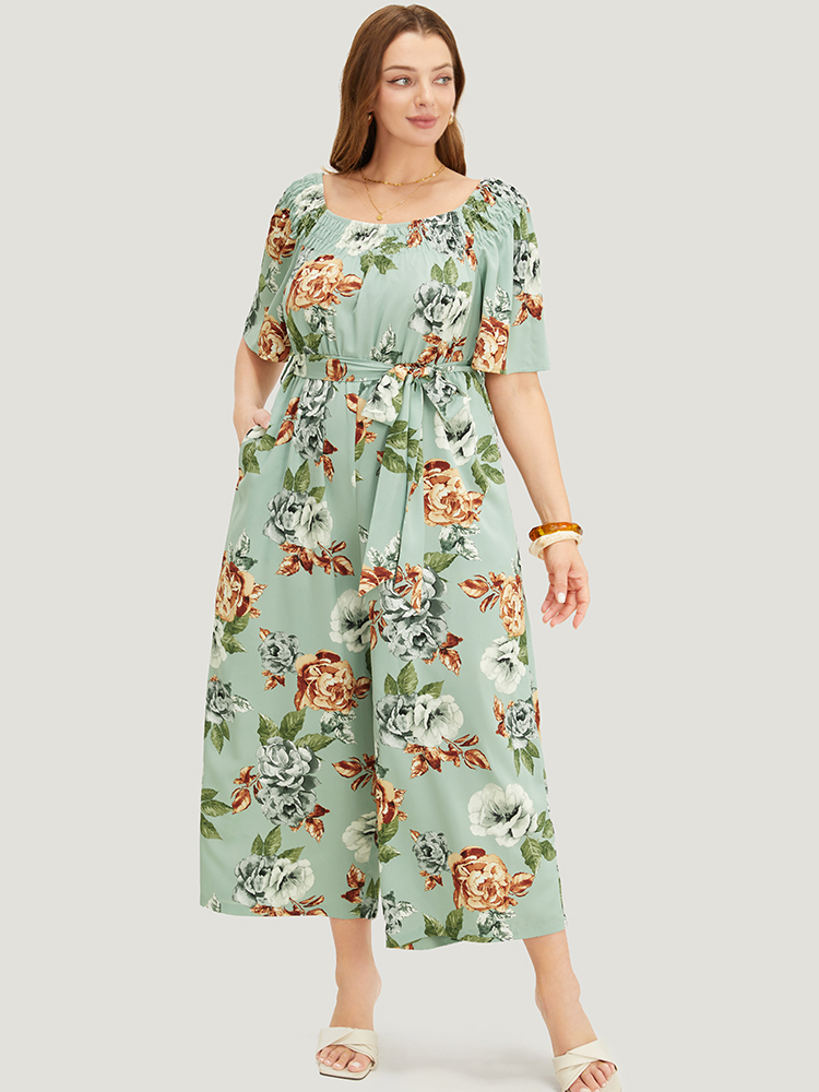 

Plus Size Sage Floral Flutter Sleeve Gathered Belt Pocket Jumpsuit Women Elegant Short sleeve Round Neck Dailywear Loose Jumpsuits BloomChic