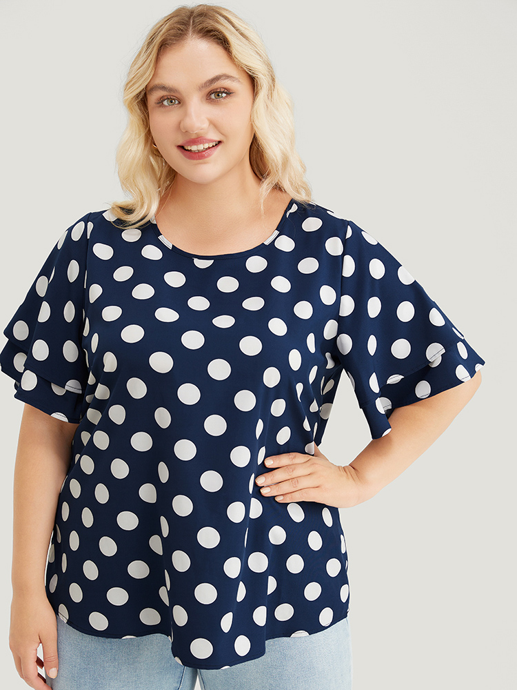 

Plus Size Indigo Polka Dot Ruffle Tiered Sleeve Blouse Women Office Short sleeve Round Neck Work Blouses BloomChic