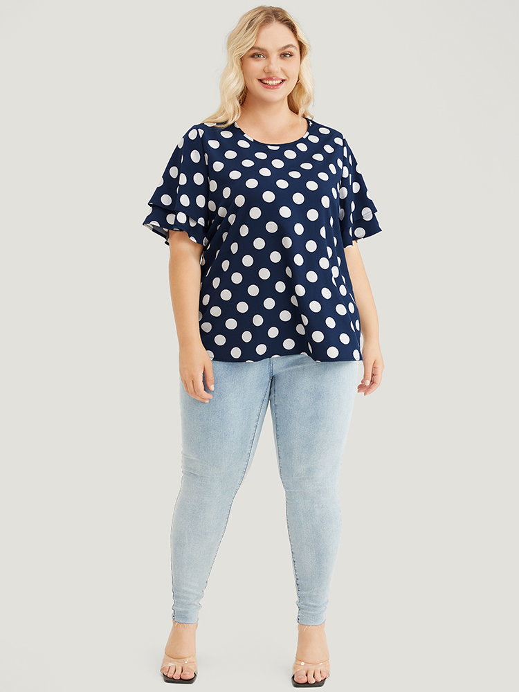 Plus Size Indigo Polka Dot Ruffle Tiered Sleeve Blouse Women Office Short sleeve Round Neck Work Blouses BloomChic 12/L 