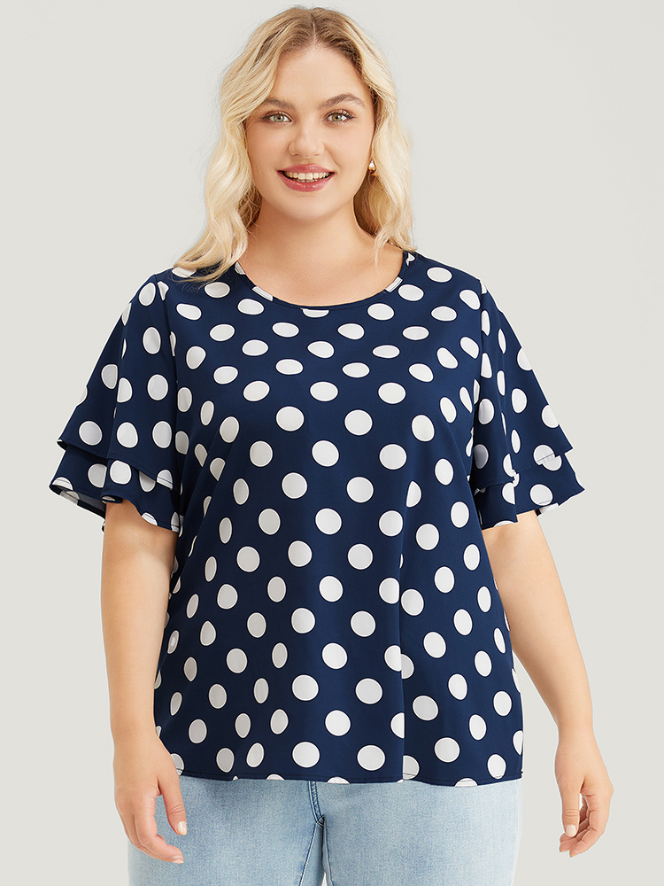 Plus Size Indigo Polka Dot Ruffle Tiered Sleeve Blouse Women Office Short sleeve Round Neck Work Blouses BloomChic 12/L 