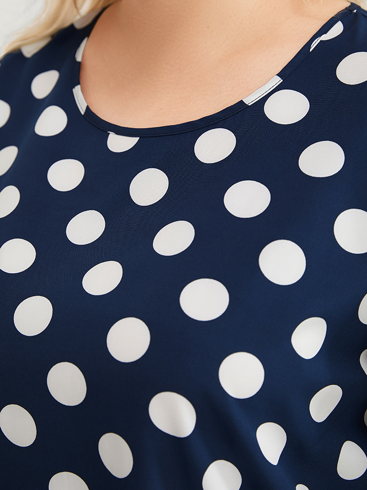 Plus Size Indigo Polka Dot Ruffle Tiered Sleeve Blouse Women Office Short sleeve Round Neck Work Blouses BloomChic 12/L 