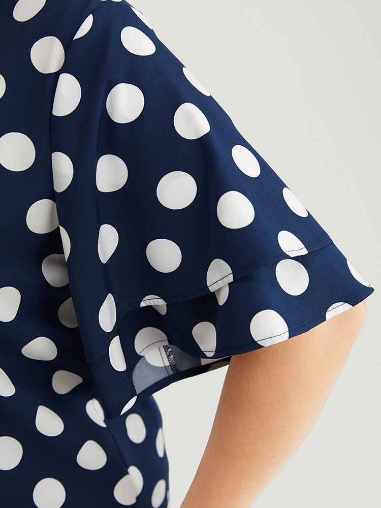 Plus Size Indigo Polka Dot Ruffle Tiered Sleeve Blouse Women Office Short sleeve Round Neck Work Blouses BloomChic 12/L 