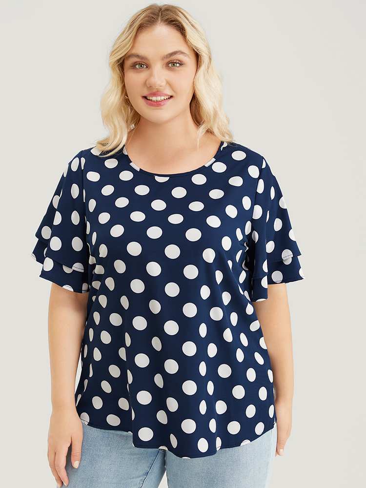 Plus Size Indigo Polka Dot Ruffle Tiered Sleeve Blouse Women Office Short sleeve Round Neck Work Blouses BloomChic 12/L 