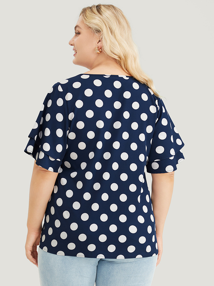 

Plus Size Indigo Polka Dot Ruffle Tiered Sleeve Blouse Women Office Short sleeve Round Neck Work Blouses BloomChic