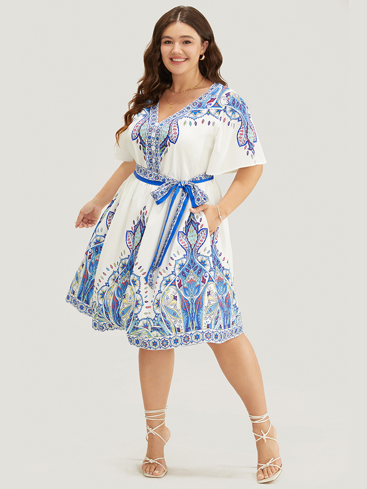 Plus Size Bandana Button Detail Pocket Belt Knee Dress Blue Women Vacation Lined V-neck Short sleeve Curvy Knee Dress BloomChic 10/M 
