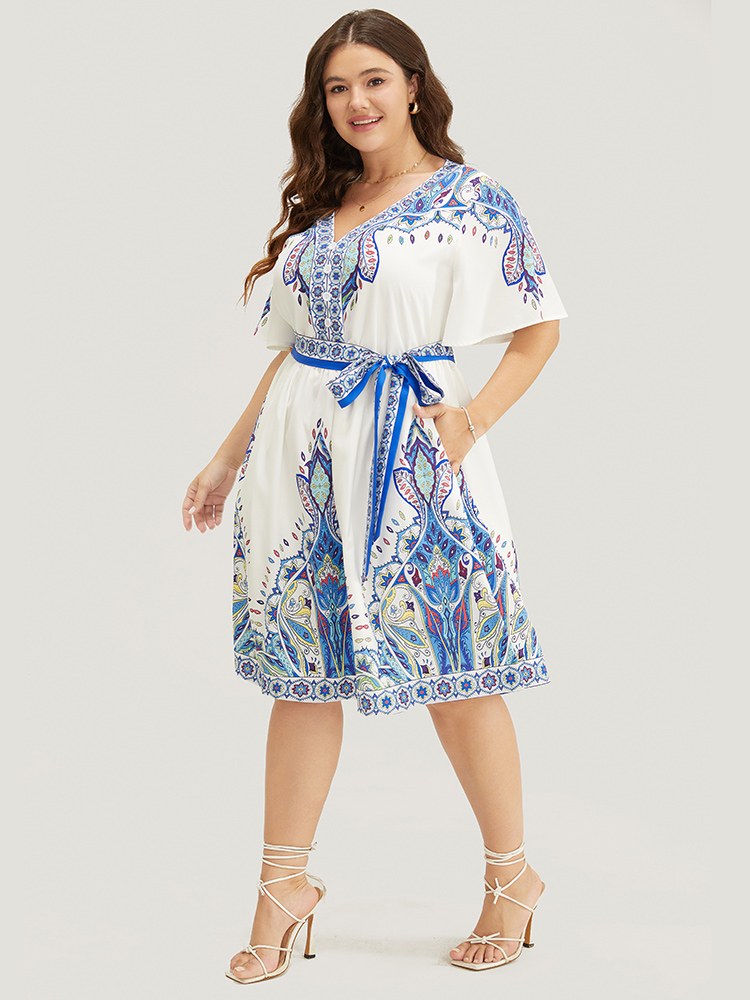 Plus Size Bandana Button Detail Pocket Belt Knee Dress Blue Women Vacation Lined V-neck Short sleeve Curvy Knee Dress BloomChic 10/M 