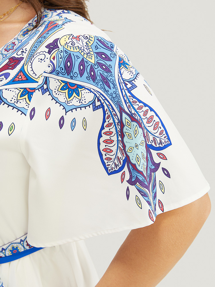 Plus Size Bandana Button Detail Pocket Belt Knee Dress Blue Women Vacation Lined V-neck Short sleeve Curvy Knee Dress BloomChic 10/M 