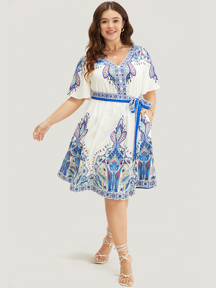 Plus Size Bandana Button Detail Pocket Belt Knee Dress Blue Women Vacation Lined V-neck Short sleeve Curvy Knee Dress BloomChic 10/M 
