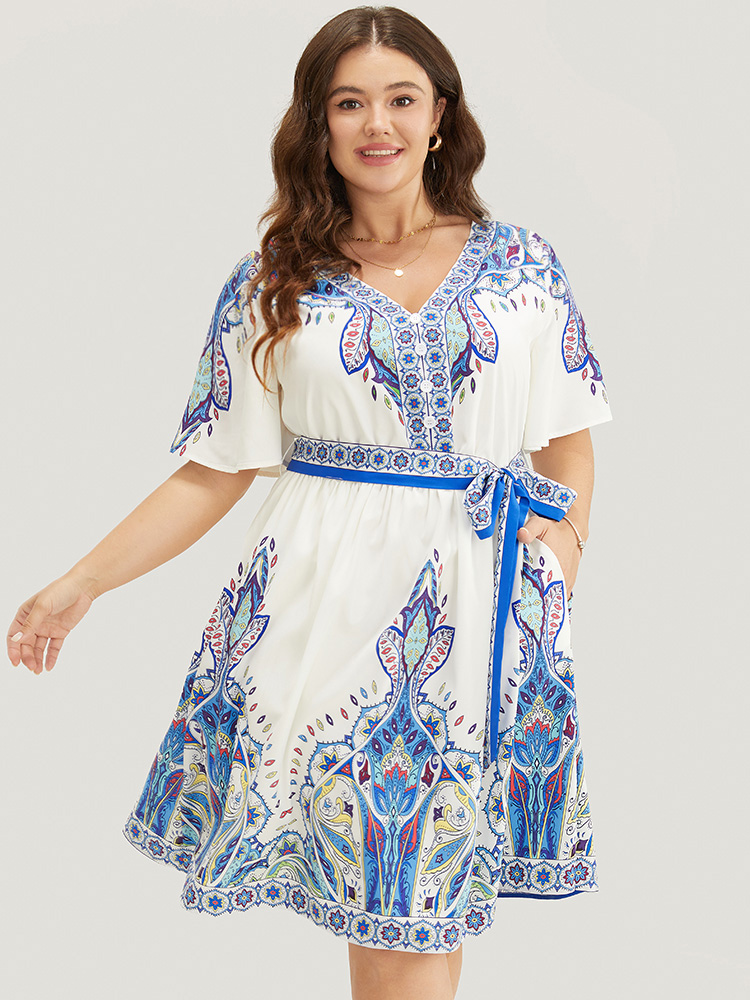 

Plus Size Bandana Button Detail Pocket Belt Knee Dress Blue Women Vacation Lined V-neck Short sleeve Curvy Knee Dress BloomChic