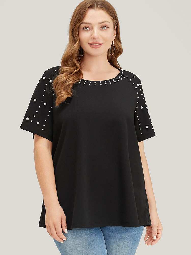 Plus Size Women Dailywear Plain Beaded Raglan sleeve Short sleeve Round Neck Elegant T-shirts BloomChic 