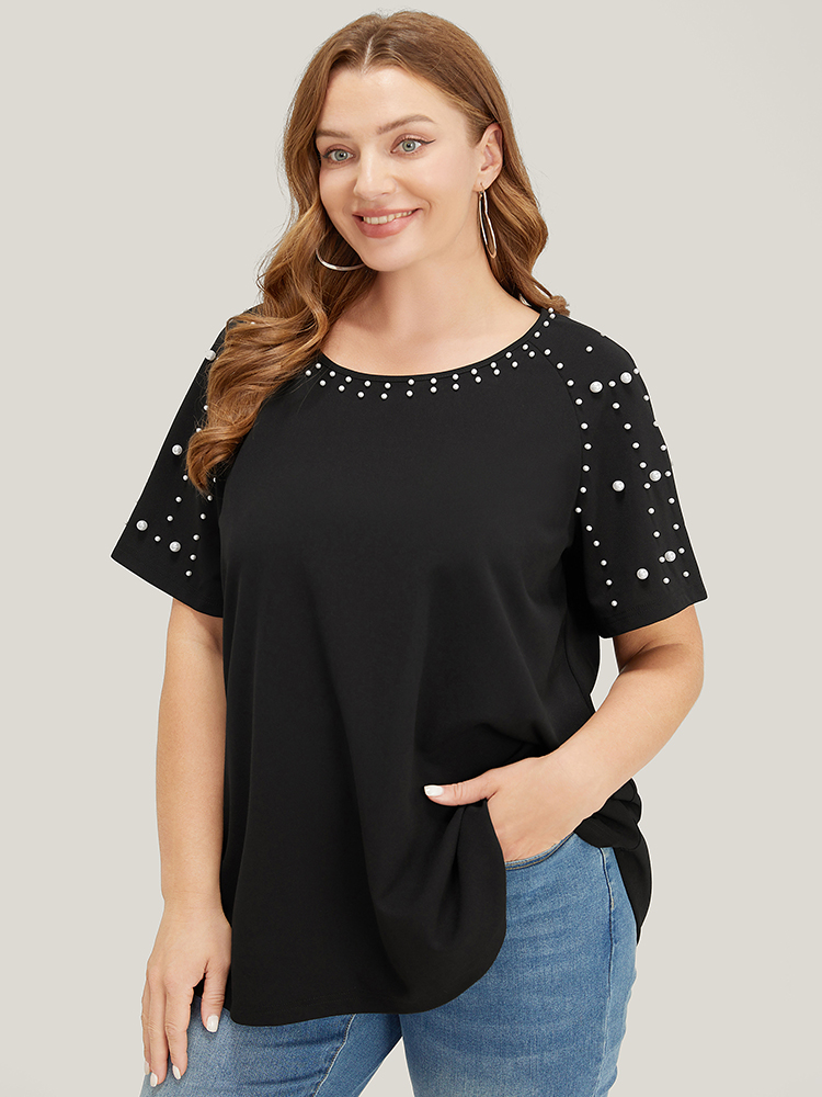 Plus Size Women Dailywear Plain Beaded Raglan sleeve Short sleeve Round Neck Elegant T-shirts BloomChic 