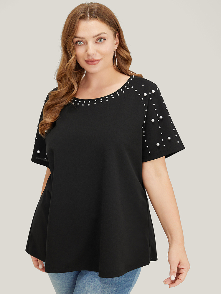 

Plus Size Solid Raglan Sleeve Pearl Beaded T-shirt Black Women Elegant Beaded Plain Round Neck Dailywear T-shirts BloomChic