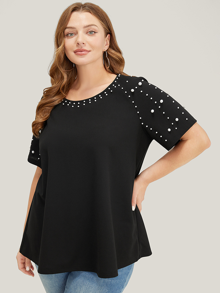 Plus Size Women Dailywear Plain Beaded Raglan sleeve Short sleeve Round Neck Elegant T-shirts BloomChic 
