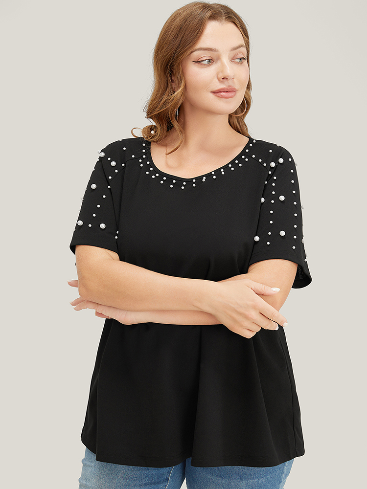 Plus Size Women Dailywear Plain Beaded Raglan sleeve Short sleeve Round Neck Elegant T-shirts BloomChic 