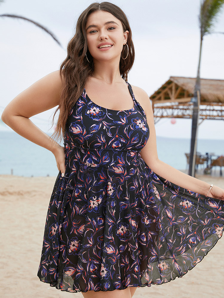 

Plus Size Floral Crossover Back Mesh Ruffle Hem Swim Dress Women's Swimwear BlackFlower Vacation Bodycon Spaghetti Strap High stretch Curve Swim Dresses BloomChic