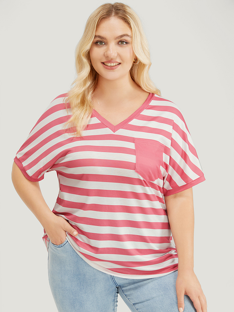 Plus Size Women Dailywear Striped Dolman Sleeve Short sleeve V-neck Casual T-shirts BloomChic 