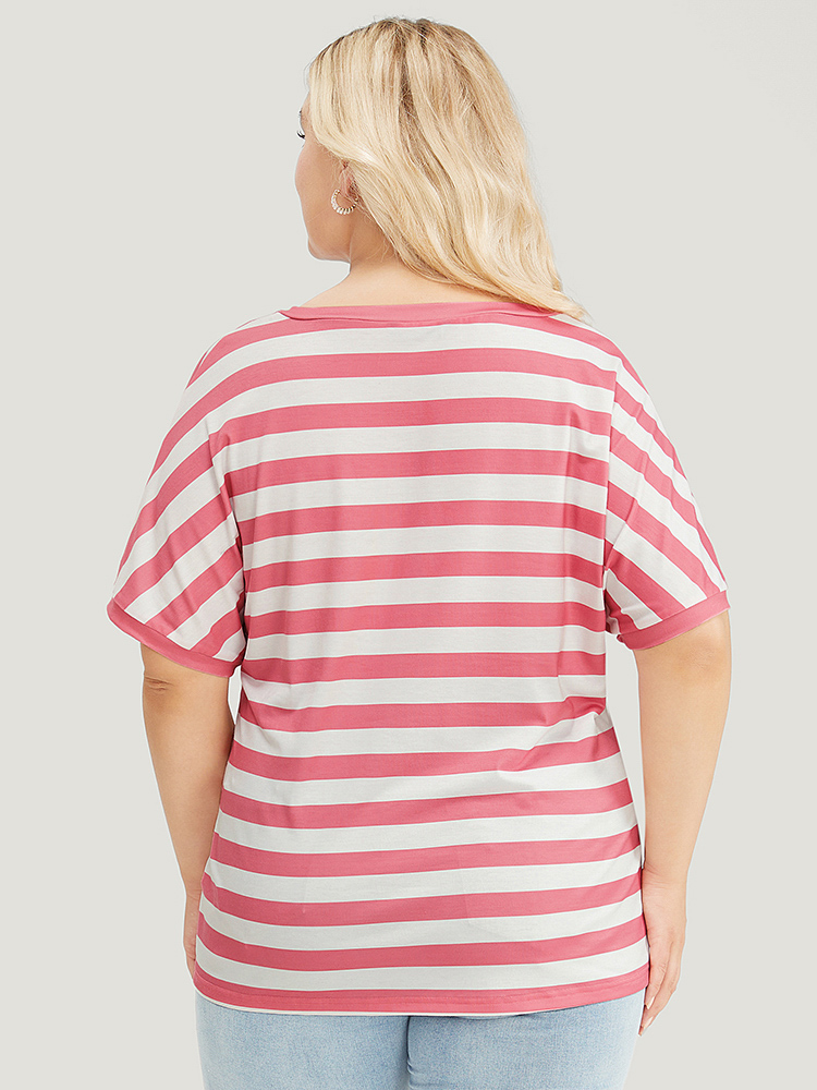Plus Size Women Dailywear Striped Dolman Sleeve Short sleeve V-neck Casual T-shirts BloomChic 