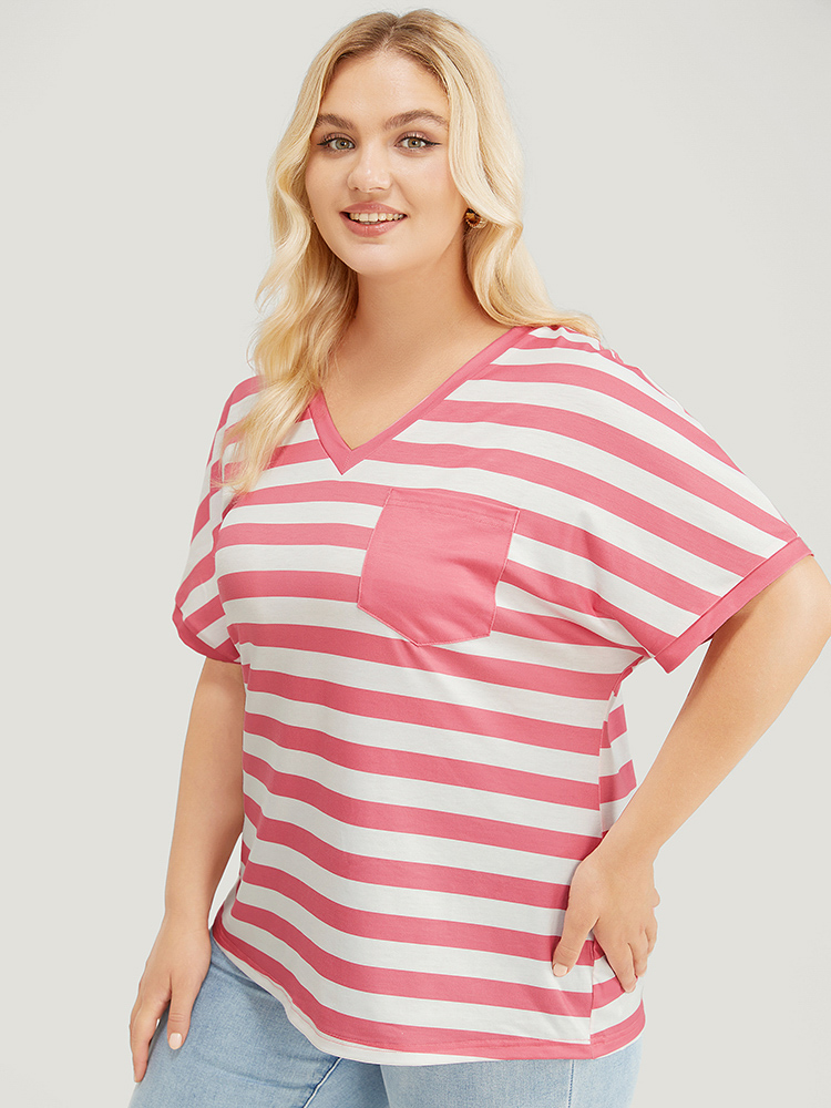 Plus Size Women Dailywear Striped Dolman Sleeve Short sleeve V-neck Casual T-shirts BloomChic 