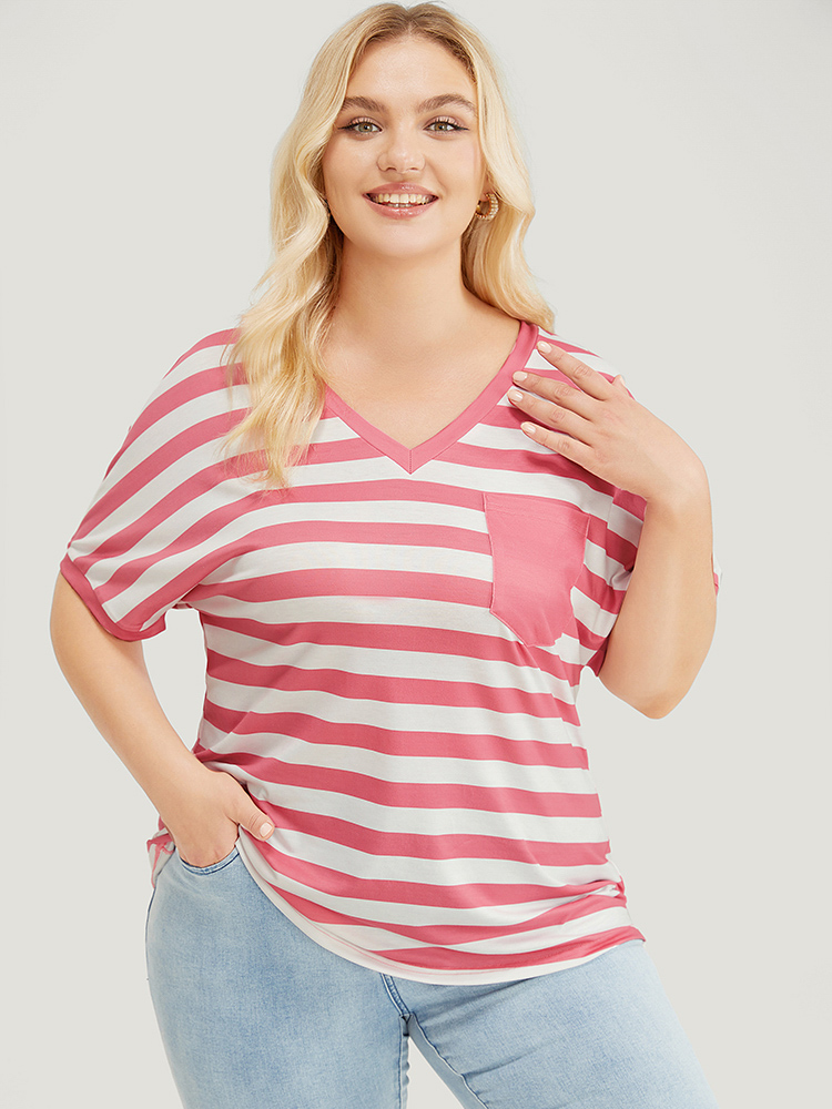 Plus Size Women Dailywear Striped Dolman Sleeve Short sleeve V-neck Casual T-shirts BloomChic 