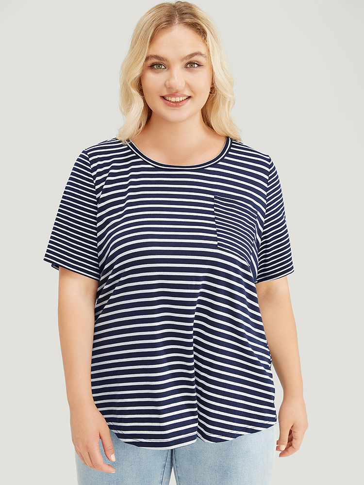 Plus Size Women Dailywear Striped Regular Sleeve Short sleeve Round Neck Casual T-shirts BloomChic 