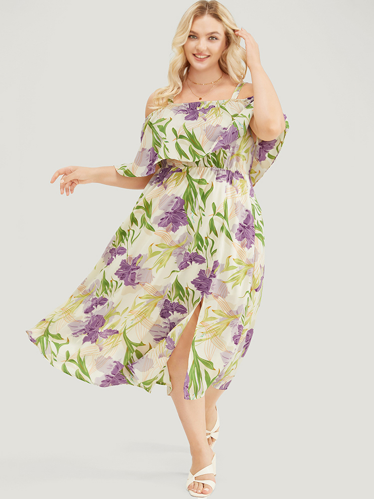 

Plus Size Floral Cold Shoulder Ruffle Trim Adjustable Straps Pocket Split Dress Mauve Women Elegant Lined Spaghetti Strap Short sleeve Curvy Midi Dress BloomChic