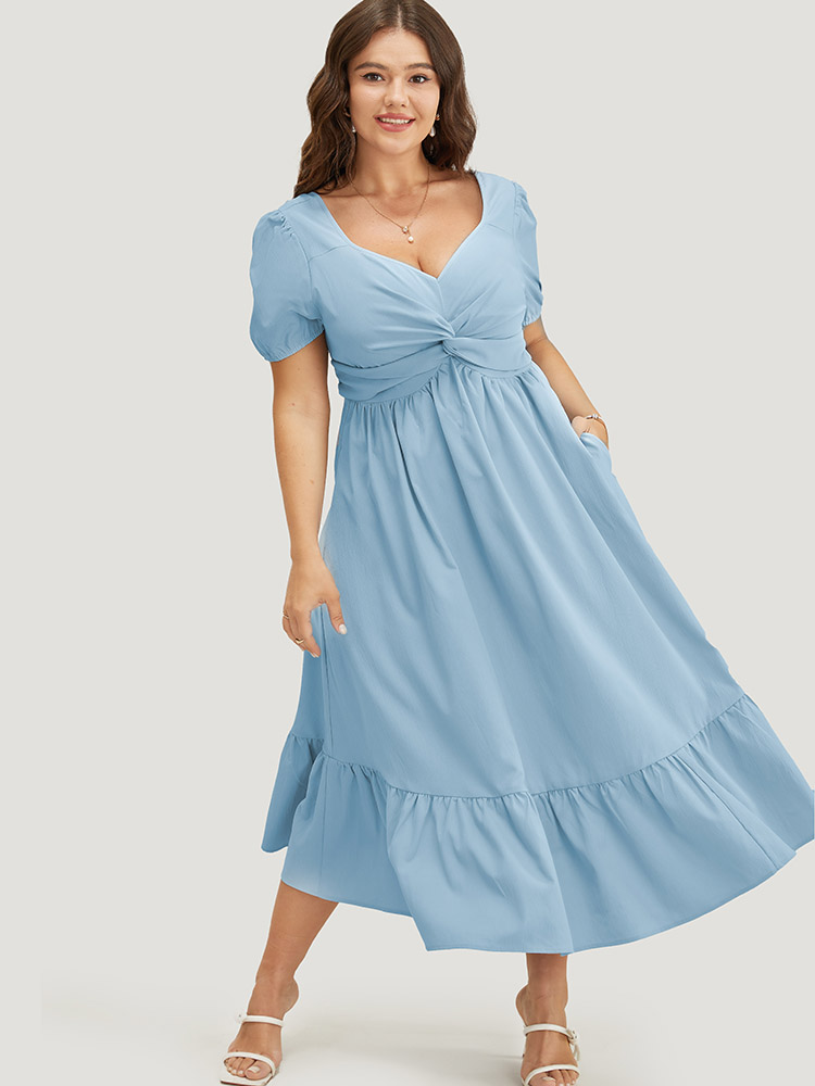 

Plus Size Solid Twist Front Puff Sleeve Pocket Ruffle Hem Dress LightBlue Women Elegant Pocket V-neck Short sleeve Curvy Midi Dress BloomChic