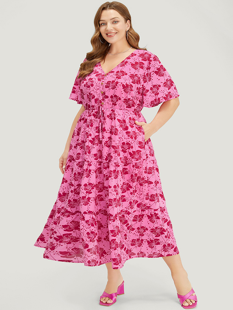 

Plus Size Floral Button Detail Pocket Knotted Ruffle Hem Dress Pink Women Elegant Button V-neck Short sleeve Curvy Midi Dress BloomChic