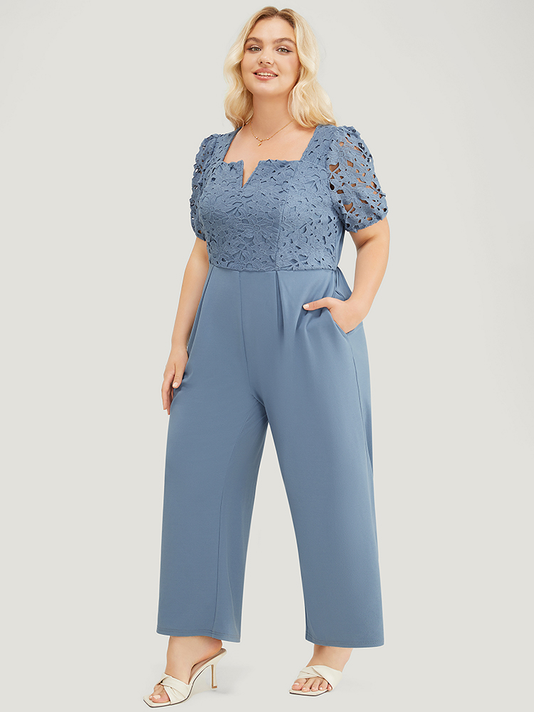 Plus Size Stone Solid Lace Notched Square Neck Pocket Pleated Jumpsuit Women Glamour Short sleeve V-neck Going out Loose Jumpsuits BloomChic 14-16/1X 