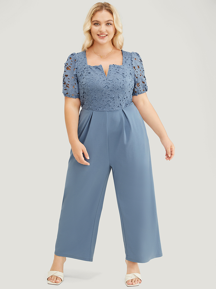 Plus Size Stone Solid Lace Notched Square Neck Pocket Pleated Jumpsuit Women Glamour Short sleeve V-neck Going out Loose Jumpsuits BloomChic 14-16/1X 