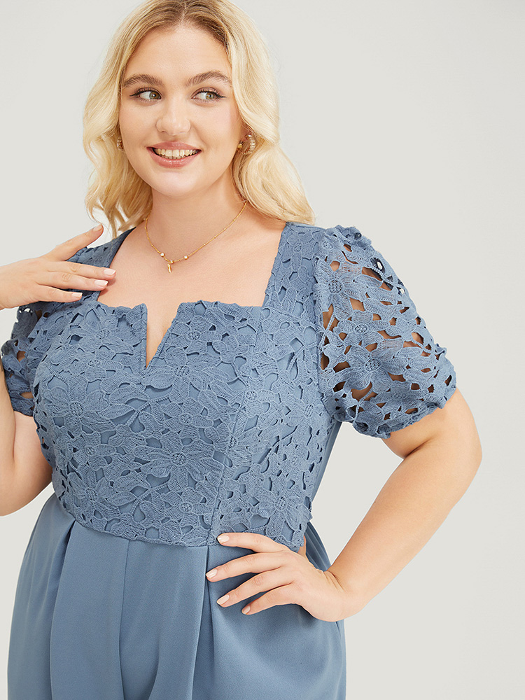Plus Size Stone Solid Lace Notched Square Neck Pocket Pleated Jumpsuit Women Glamour Short sleeve V-neck Going out Loose Jumpsuits BloomChic 14-16/1X 