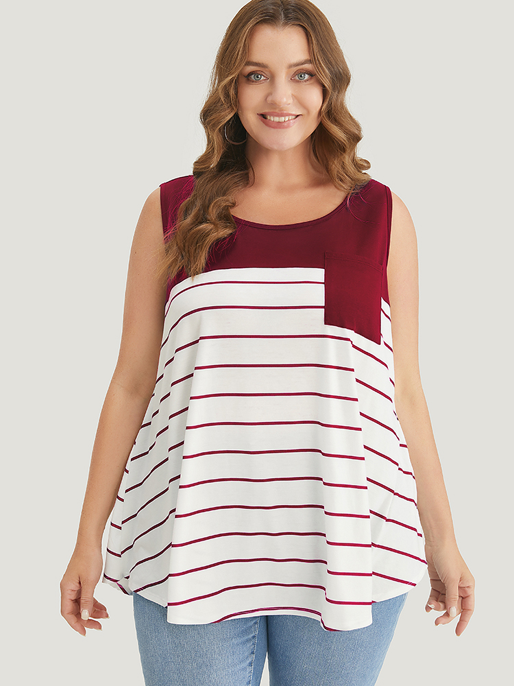 

Plus Size Striped Patchwork Pocket Tank Top Women Burgundy Casual Round Neck Dailywear Tank Tops Camis BloomChic