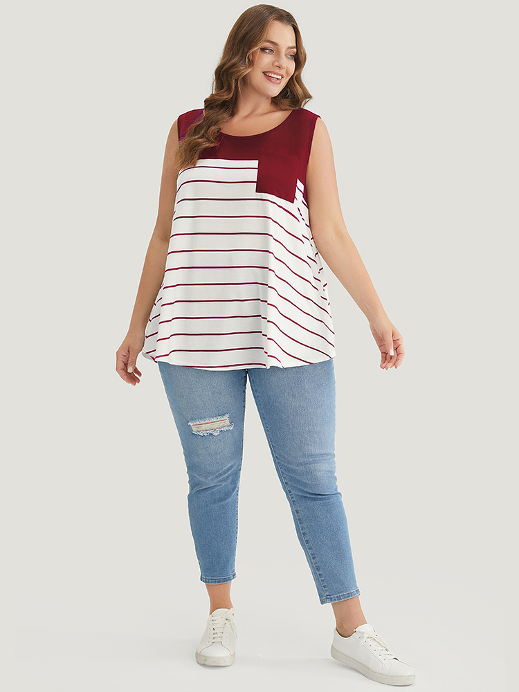 

Plus Size Striped Patchwork Pocket Tank Top Women Burgundy Casual Round Neck Dailywear Tank Tops Camis BloomChic