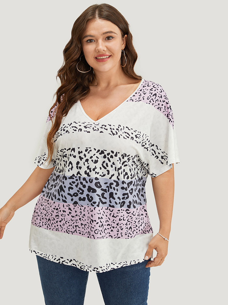 

Plus Size Leopard Print Colorblock Dolman Sleeve T-shirt White Women Casual Contrast Leopard V-neck Everyday T-shirts BloomChic