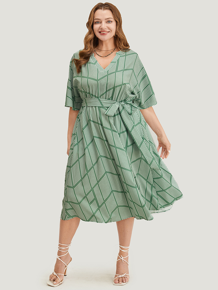 

Plus Size Geometric Print Dolman Sleeve Pocket Belted Ruffles Dress Mint Women Office Cross straps V-neck Short sleeve Curvy Midi Dress BloomChic