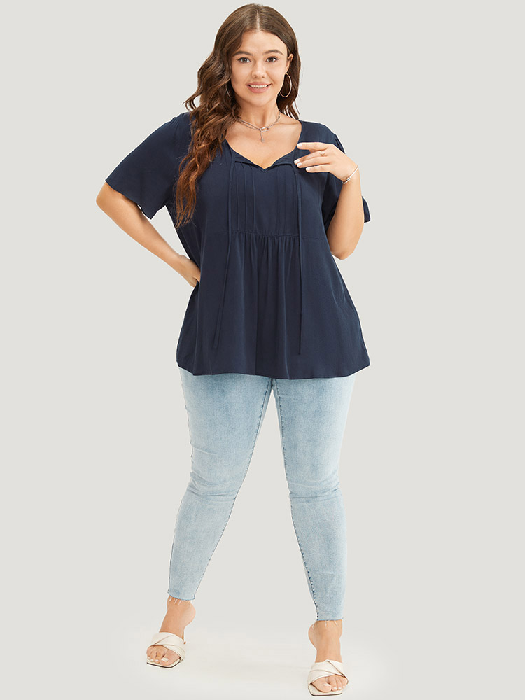 

Plus Size Indigo Solid Pleated Detail Tie Neck Ruffle Blouse Women Office Short sleeve Tie Neck Dailywear Blouses BloomChic