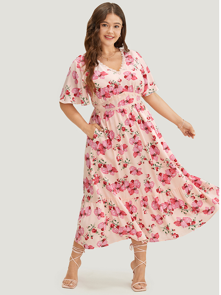 

Plus Size Floral Print Lace Pocket Ruffle Hem Empire Waist Dress Pink Women Elegant Pocket V-neck Short sleeve Curvy Midi Dress BloomChic