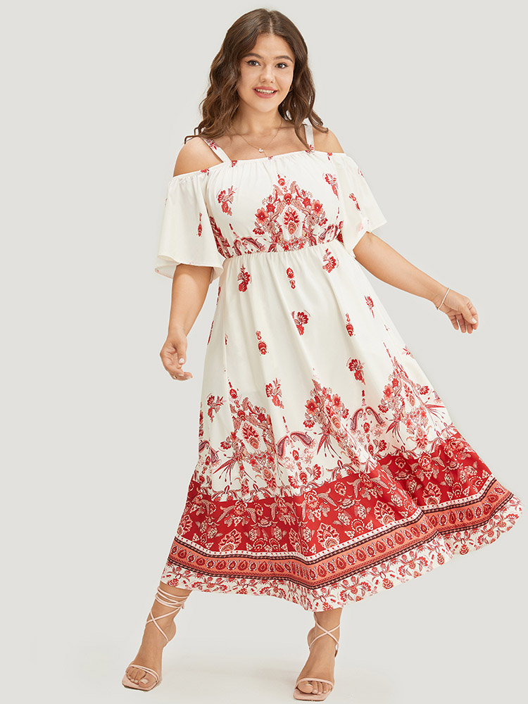 

Plus Size Bandana Print Pocket Cold Shoulder Flutter Hem Dress White Women Vacation Lined Cold Shoulder Short sleeve Curvy Midi Dress BloomChic