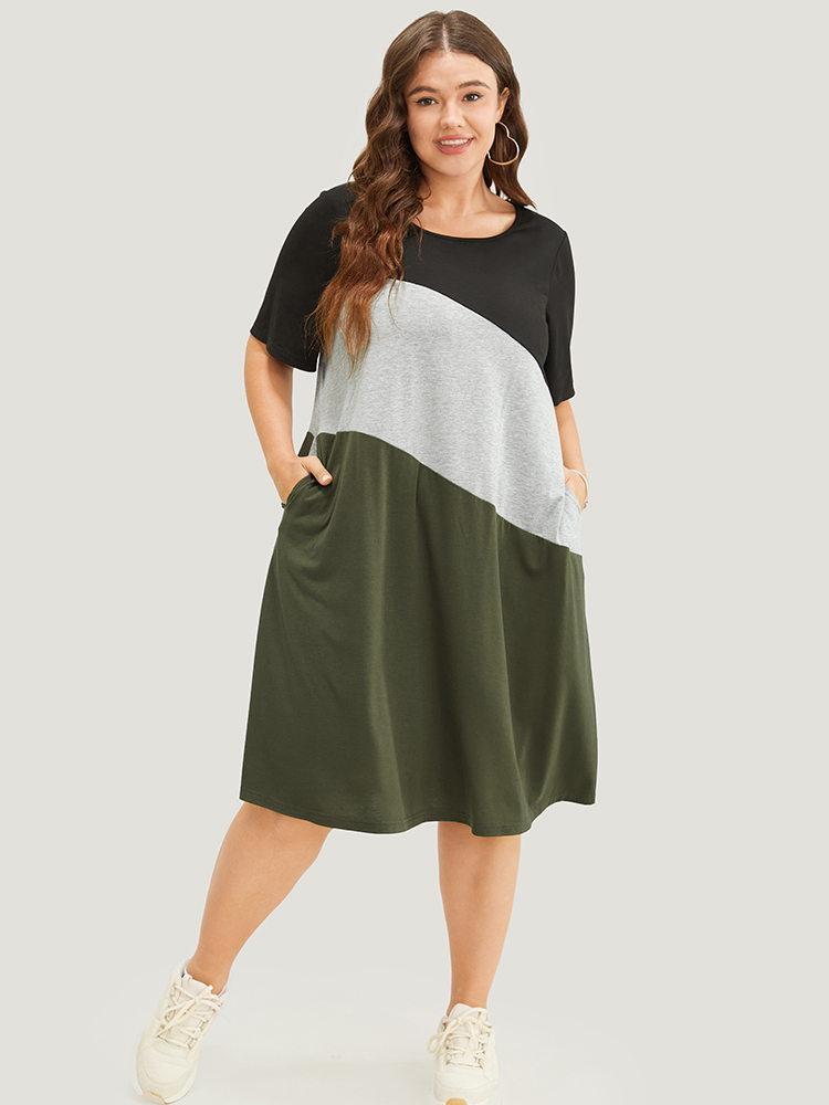 Plus Size Women Dailywear Colorblock Contrast Regular Sleeve Short sleeve Round Neck Pocket Casual Dresses BloomChic 